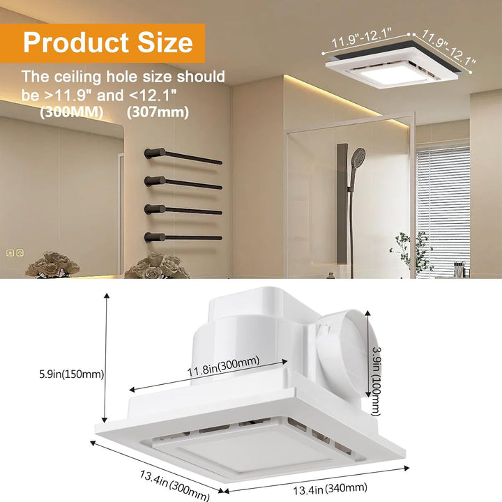 300mm Badlüfter mit LED Licht, Montageöffnung 300mm 12IN, 130 CFM, ultra-leiser 1,0-Sone-Abluftventi