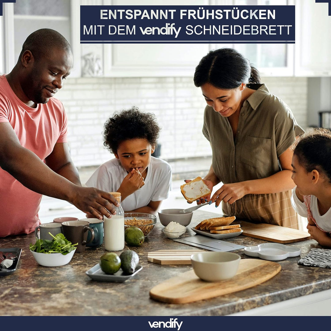 vendify® Schneidebrett Bambus 3er-Set & 6x Steakmesser - Frühstücksbrettchen 3 Grössen - Antibakteri
