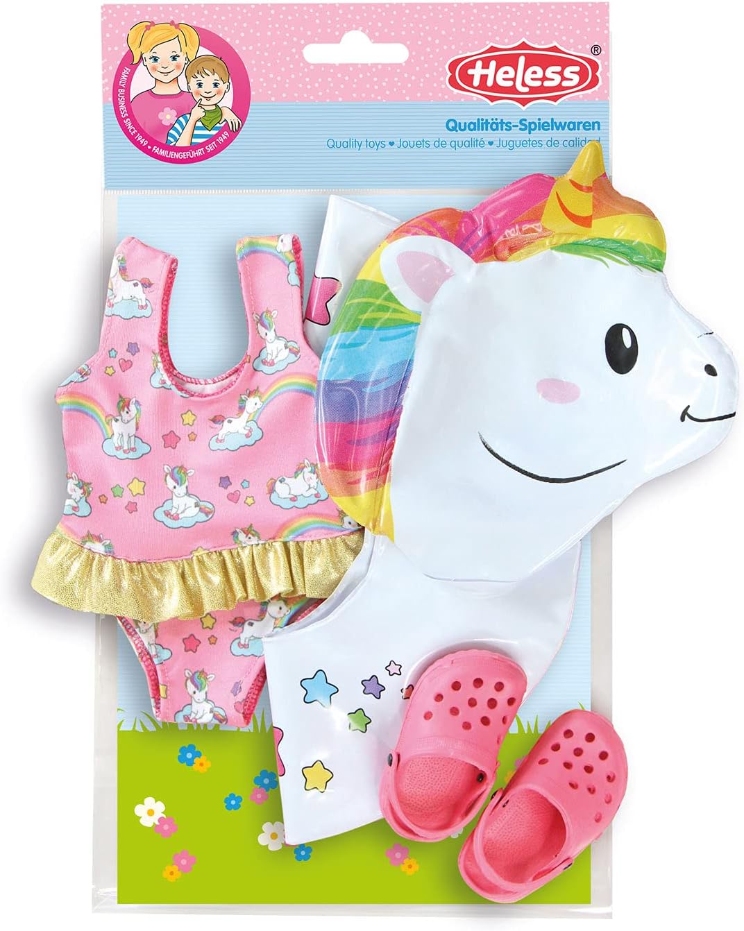 Heless 661 - Schwimm-Set für Puppen, 3 teilig, Motiv Einhorn Henri, Badeanzug, Clogs und Schwimmring