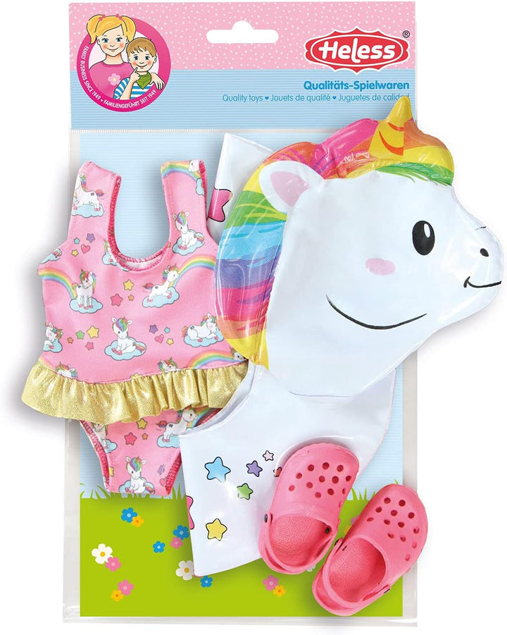 Heless 661 - Schwimm-Set für Puppen, 3 teilig, Motiv Einhorn Henri, Badeanzug, Clogs und Schwimmring