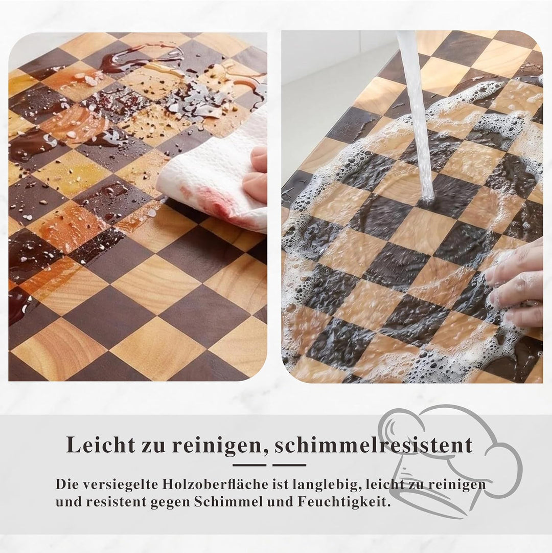 Kariertes Schneidebrett aus Holz mit Griff, Akazienholz | 38 x 18 x 2,5 cm | Käse- und Wurstbrett |