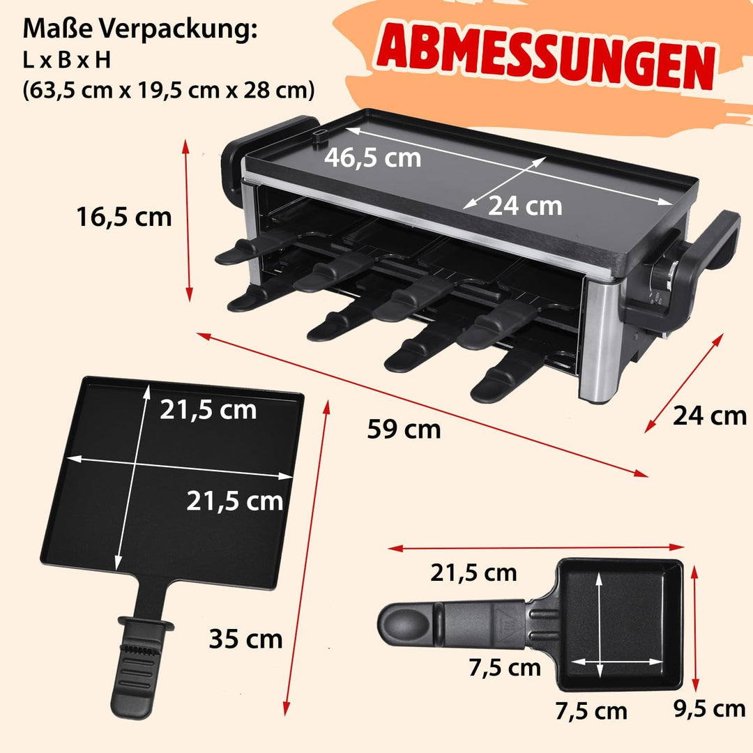 Syntrox Raclette Grill 16 Personen mit Pizzagrill, 16 Pfännchen Emailliert, Edelstahl Tischgrill für