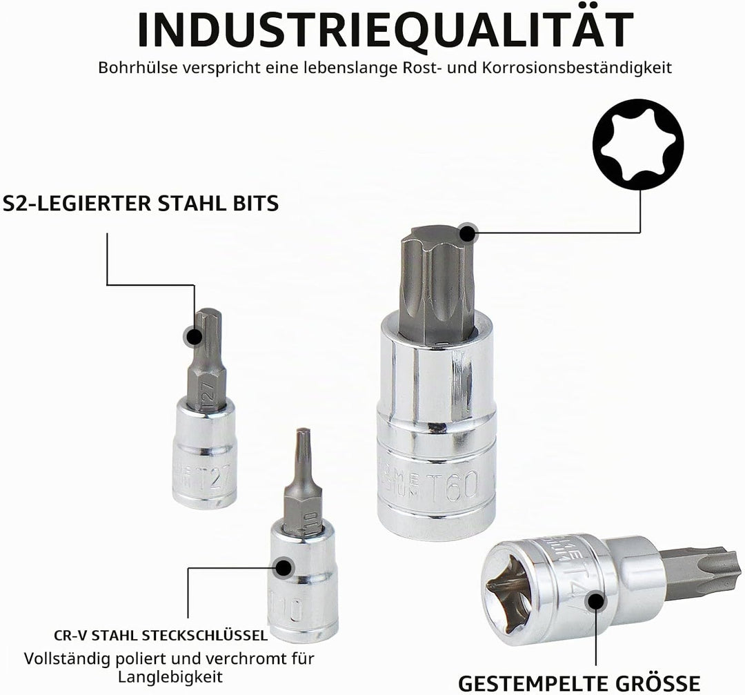 CCLIFE 13tlg Torx Bit Steckschlüsselsatz T8 -T60 bit set fur Drehmomentschlüssel und Bohrer, S2 Legi