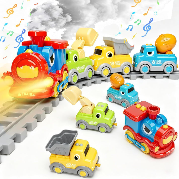 Magnetisches Eisenbahnspielzeug mit elektrischer Lok, Baufahrzeugen, Licht, Musik und kreativen DIY-