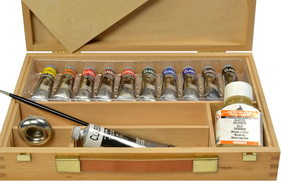 MAIMERI CLASSICO - Ölfarben-Set mit 10 x 20 ml Aluminiumtuben inkl. Zubehör im Malkasten Set 10 x 20