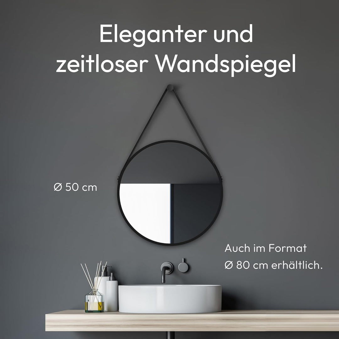 Talos Aufhängegurt in Lederoptik-Spiegel rund mit hochwertigen Aluminiumrahmen, schwarz matt, Ø 50 c