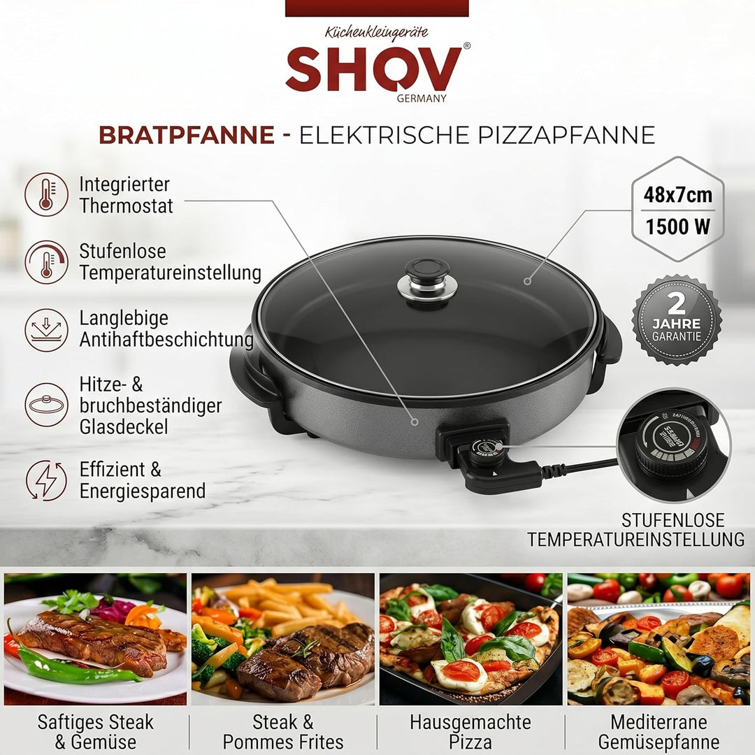 Shov Elektrische Pizzapfanne & Multibräter XL – 48cm Durchmesser, 7cm Tiefe | Partypfanne mit Antiha