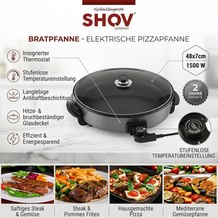 Shov Elektrische Pizzapfanne & Multibräter XL – 48cm Durchmesser, 7cm Tiefe | Partypfanne mit Antiha
