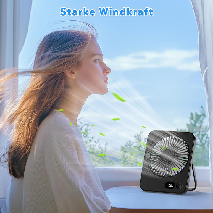 Klein Tischventilator,Leise Ventilator Akku 4000mAh 100 Geschwindigkeiten 180°Einstellbar Tragbarer
