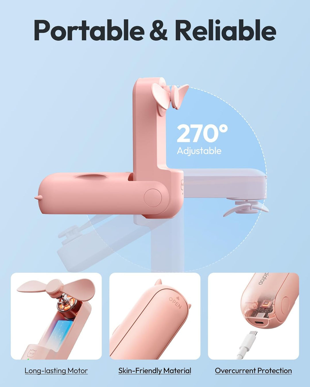 Gaiatop Tragbarer Handventilator, 3-in-1 Mini Ventilator[Bis zu 17 Stunden Kühlzeit], Faltbarer Tasc
