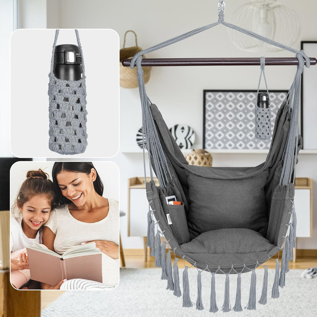DETEX® Hängesessel bis 150kg Belastbar mit Flaschenhalter Boho Stil Wetterfest Garten 360° Drehbar A