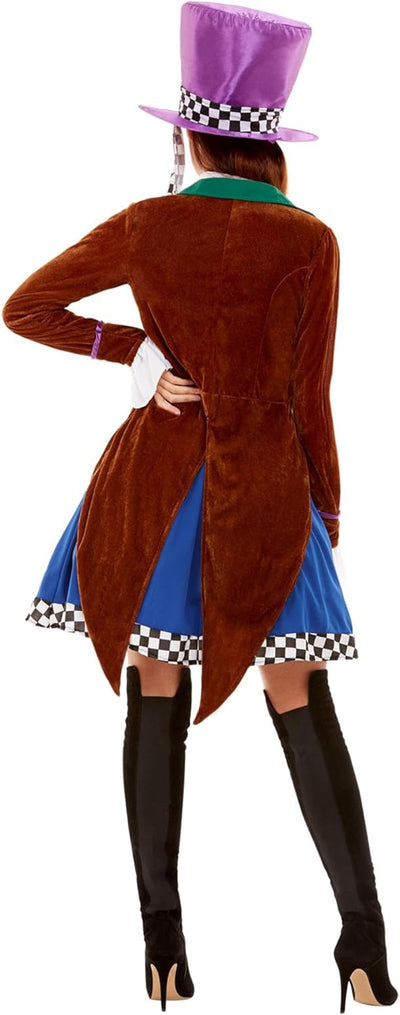 Miss Hatter Costume, Multi-Coloured, with Jacket, Attached Waistcoat, Skirt & Hat (XS) XS - UK Size