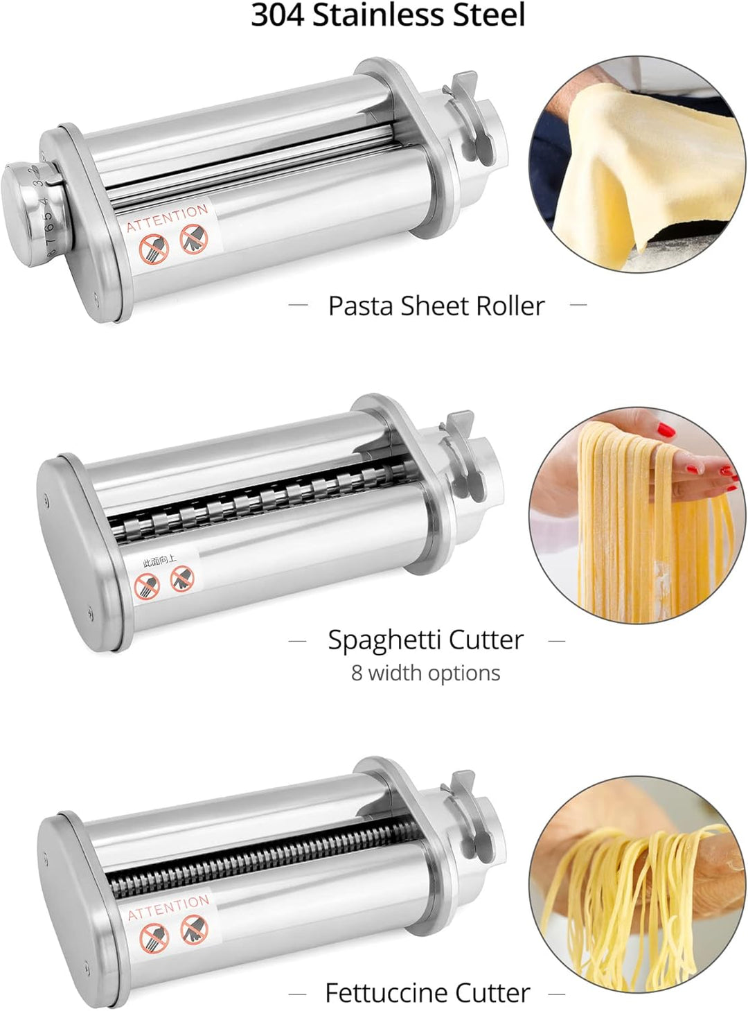 QWORK® 3er Set Nudelblattroller Spaghettischneider Fettuccineschneider, Nudelaufsatz aus SUS304 Edel
