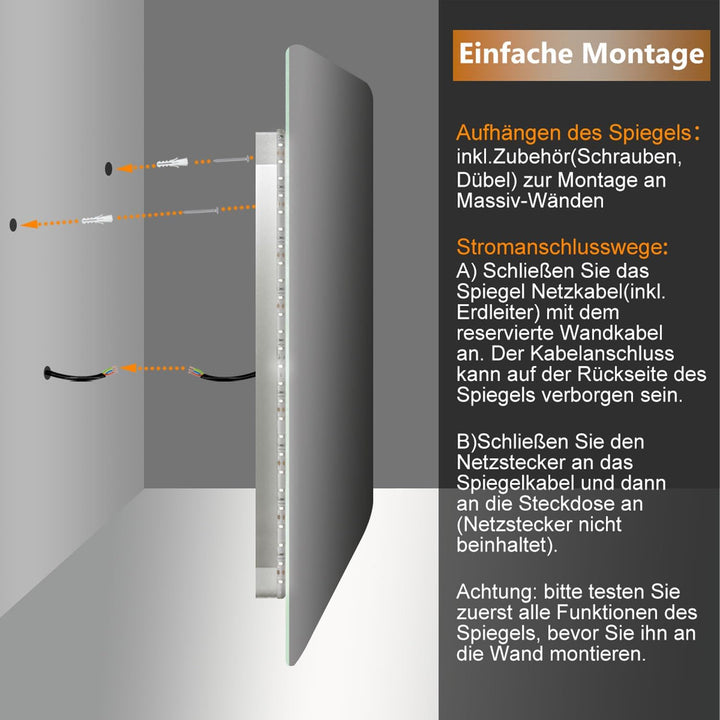 Badspiegel mit Sensor Schalter 120×70 cm Kalt/Neutral/Warmweiss, Beschlagfrei,dimmbar, Memory, eine