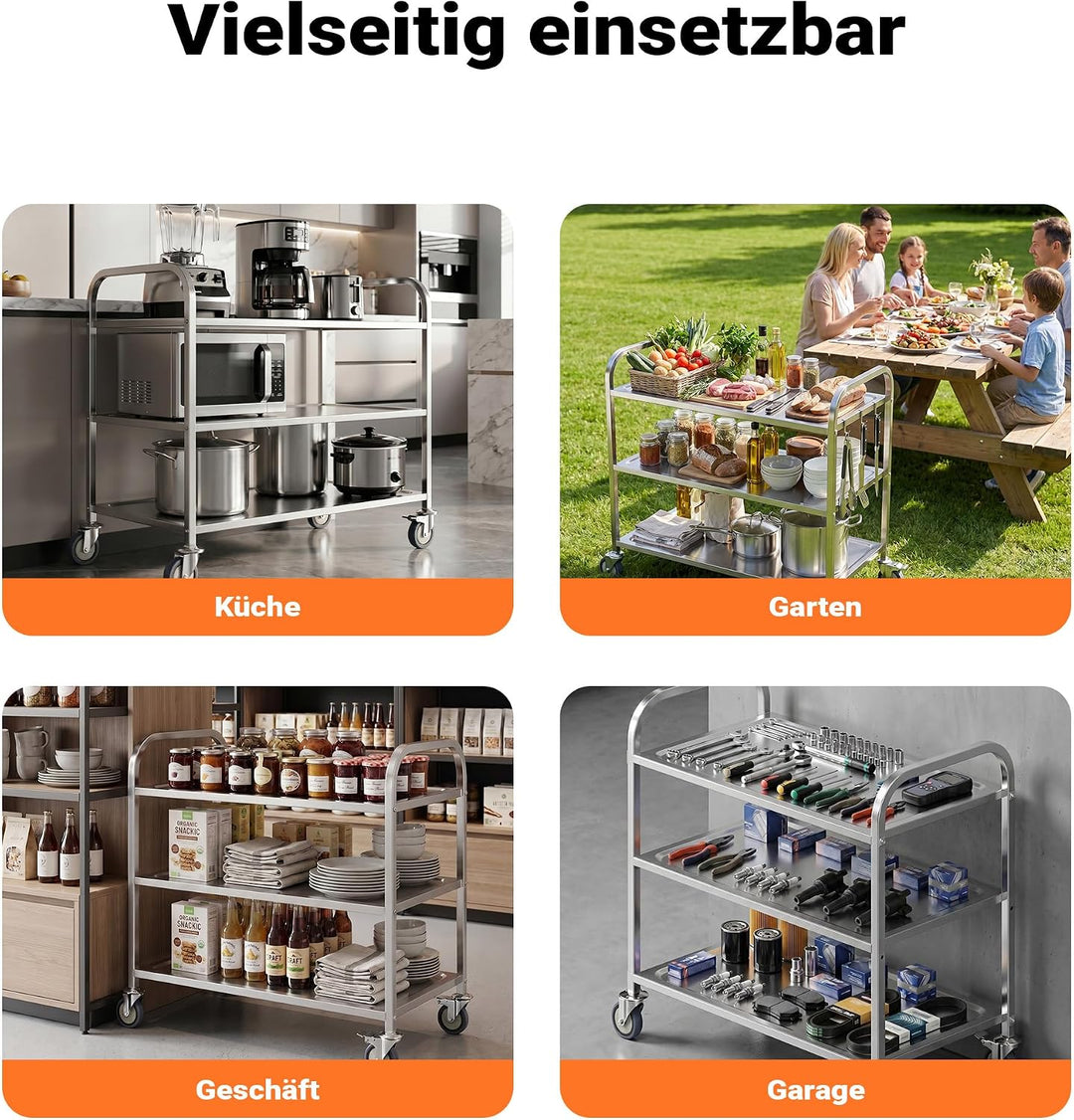 Wiltec Edelstahl Servierwagen 3 Etagen bis 150kg Küchenwagen Rollwagen Leichtlaufräder mit Bremsen,