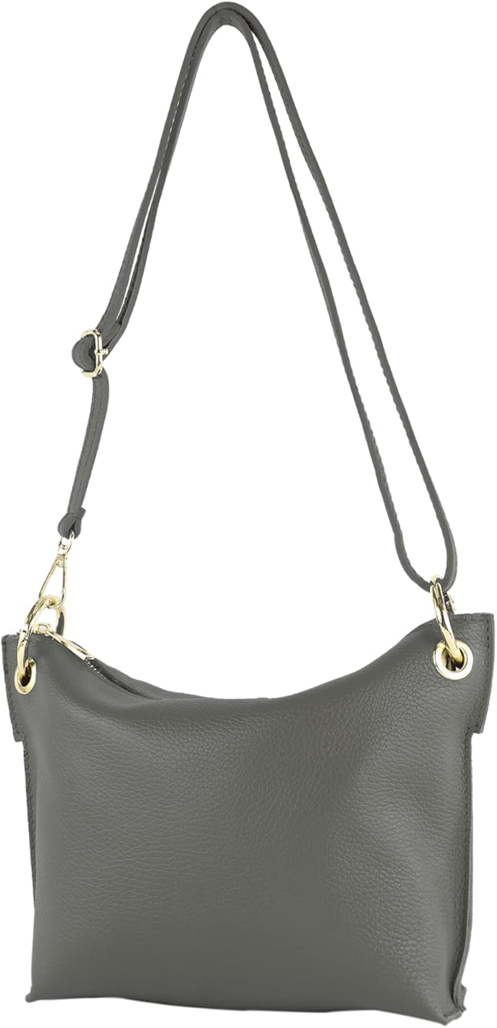 modamoda de - T243 - ital. Umhängetasche Klein Small aus Leder Graphitgrau, Graphitgrau