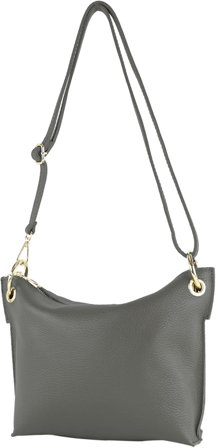 modamoda de - T243 - ital. Umhängetasche Klein Small aus Leder Graphitgrau, Graphitgrau