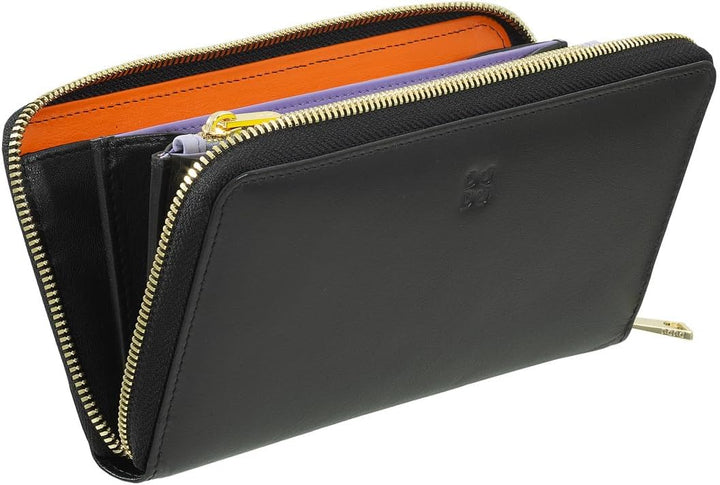 DUDU Grosse Bunte Damenbrieftasche RFID in echtem Leder mit Rundum - Reissverschluss Black pop, Blac