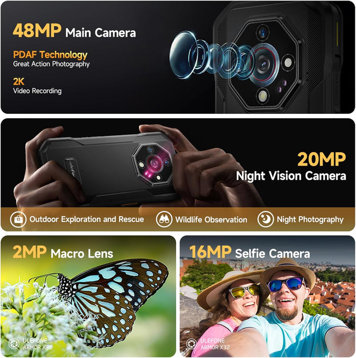 Ulefone Armor X32 Outdoor Smartphone 2025, MTK G91 48MP+20MP Nachtsicht 12GB+128GB/2TB SD 5,65" Corn