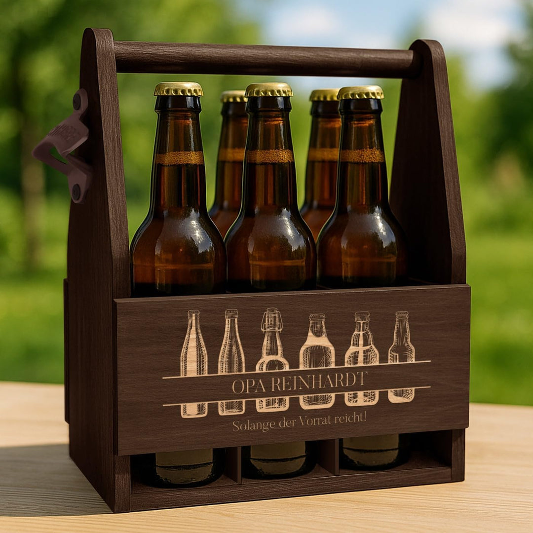Maverton Bierträger für 6 Flaschen 0,5L + Gravur - Männerhandtasche mit Flaschenöffner - Grösse: 25x