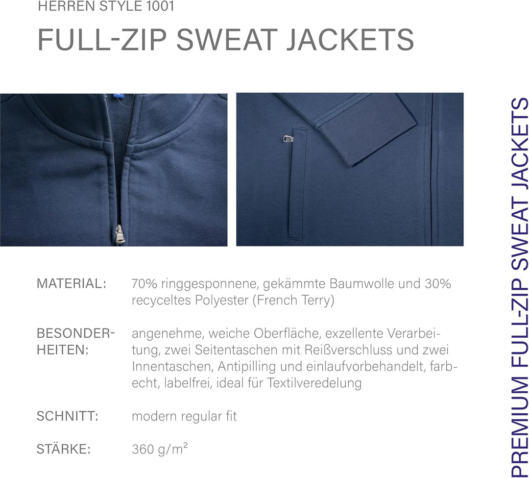 HRM Herren Premium Full-Zip Sweat Jacket I Fair Trade Herren-Sweatjacke, 360 g/m² I Aus 70% Baumwoll