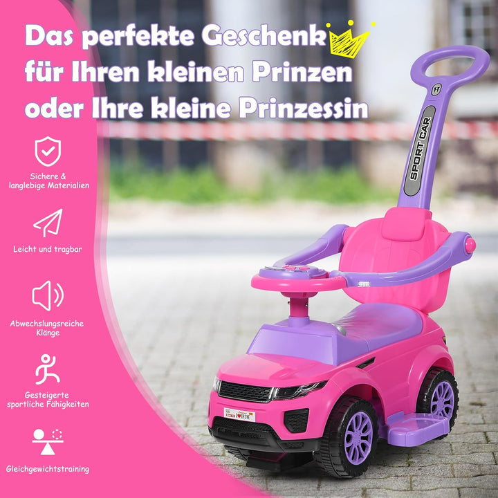 COSTWAY 3 in 1 Rutschauto Schiebeauto, Rutschfahrzeug mit abnehmbarem Schiebgriff, Schutzbügel & ver
