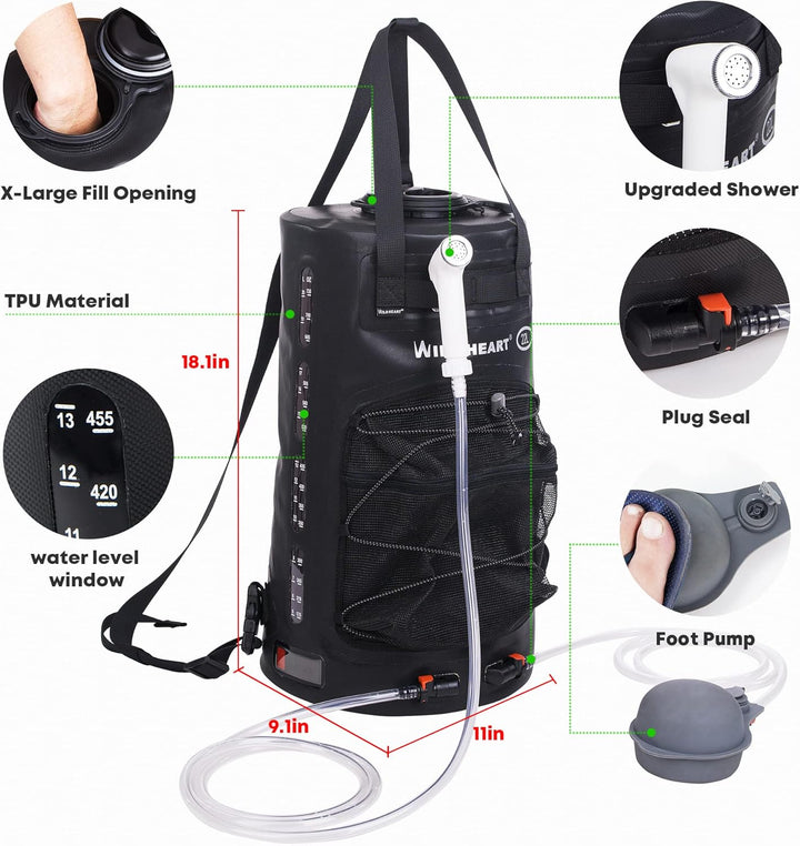 WILD HEART Campingdusche 22L Tragbare Dusche für Camping mit Druckfusspumpe und Duschbeutel-Rucksack