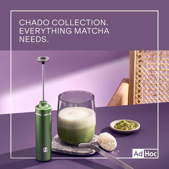 AdHoc Chado Set 3-tlg. – Matcha-Geniesser-Set mit elektrischem Milchaufschäumer, mundgeblasenem Glas