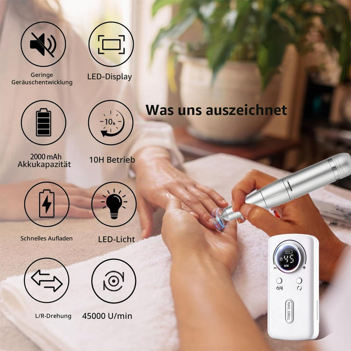 Elektrische Nagelfeile/Nagelfräser 45000 U/min [LCD+12 Köpfe] – Leise aufladbare Nagelmaschine mit 1