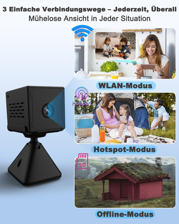 Mini Kamera, 4k Ultra HD Kamera Überwachung Innen mit 64GB Speicherkarte, WLAN/AP Hotspot/Ohne WLAN