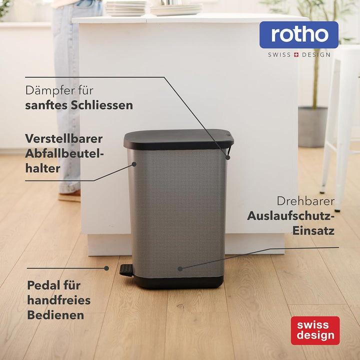 Rotho Orbe Mülleimer 35l mit Deckel und Fusspedal, pflegeleichter Kunststoff, ideal für Küche und Ha