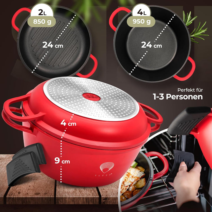 TLESS® 2in1 Aluguss Bräter mit Deckel backofengeeignet | Schmorpfanne & Schmortopf oder als Bratento