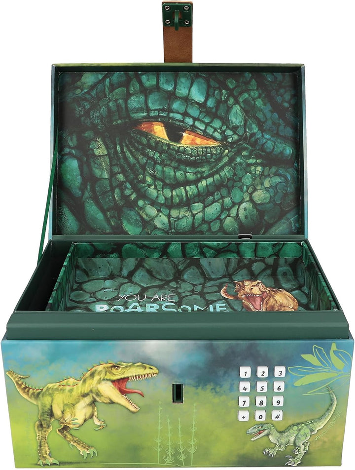 Depesche 12115 Dino World - Schatztruhe mit Code, Sound und Licht, ca. 15 x 20 x 12,5 cm gross, Kist