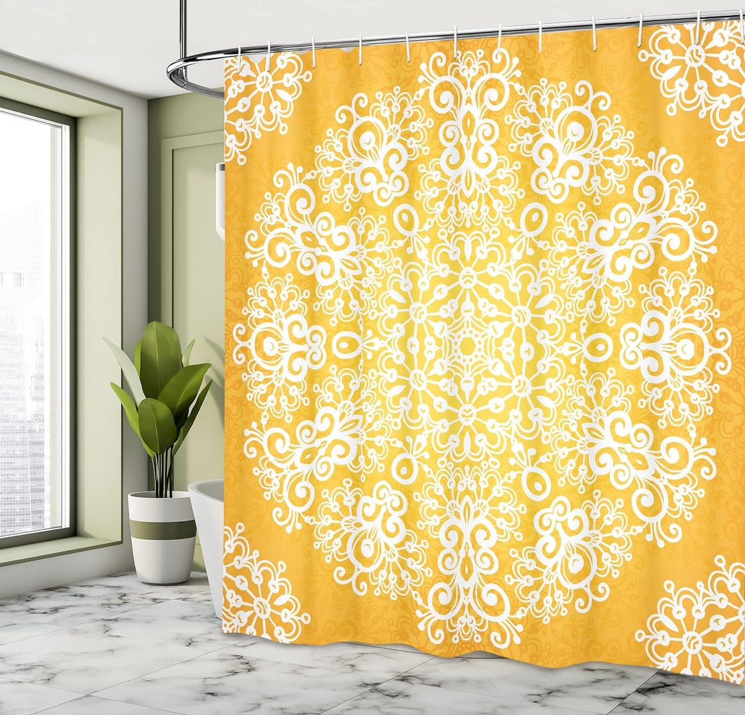 ABAKUHAUS Gelb Duschvorhang, Floral Schneeflocken, Pflegeleichter Stoff mit 12 Haken Wasserdicht Far