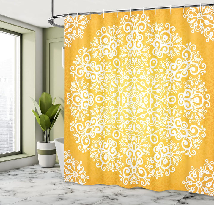 ABAKUHAUS Gelb Duschvorhang, Floral Schneeflocken, Pflegeleichter Stoff mit 12 Haken Wasserdicht Far