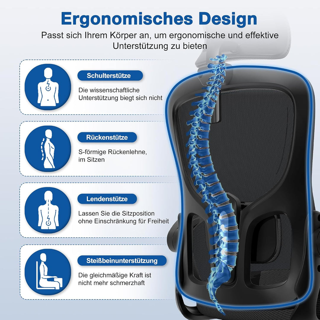 Bürostuhl,Bürostuhl Ergonomisch mit Verstellbarer Kopfstütze,Armlehnen und Lendenwirbelstütze, Schre