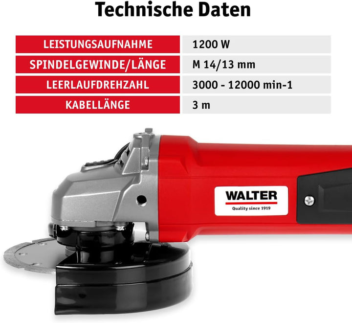 WALTER Winkelschleifer 1200W, 125mm, schwarz/rot, Zusatzhandgriff in 3 Positionen montierbar, Schnel
