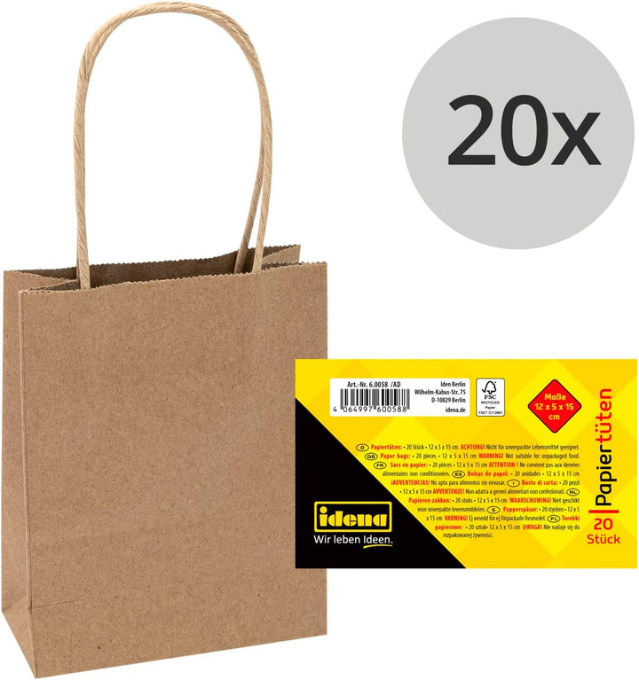Idena 60058 - Papiertüten, 20 Stück, 12 x 5 x 15 cm, Geschenktüten, Kraftpapier Tüten, Basteltüten z