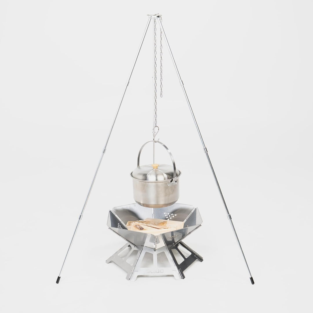 BOXIO - FIRE Bundle: Edelstahl Feuerschale mit Grillrost & Dreibein - Oktagon Feuerstelle Outdoor &