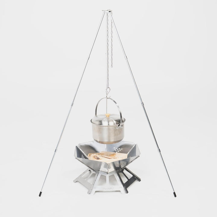 BOXIO - FIRE Bundle: Edelstahl Feuerschale mit Grillrost & Dreibein - Oktagon Feuerstelle Outdoor &