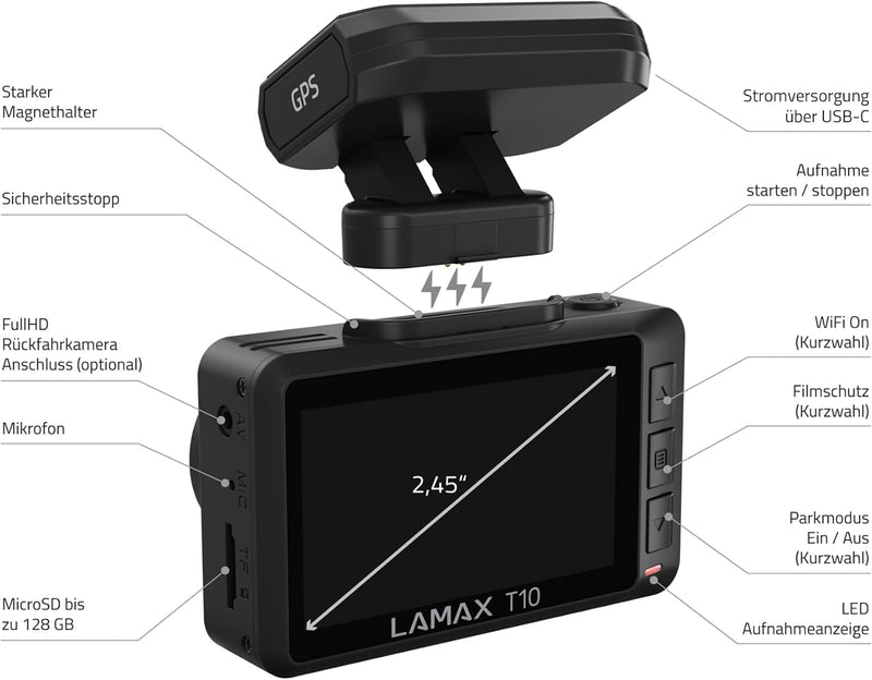 LAMAX T10 4K Dashcam mit GPS, Radarwarnung (50 Länder), WiFi + Mobile App, Weitwinkelaufnahmen 170°,