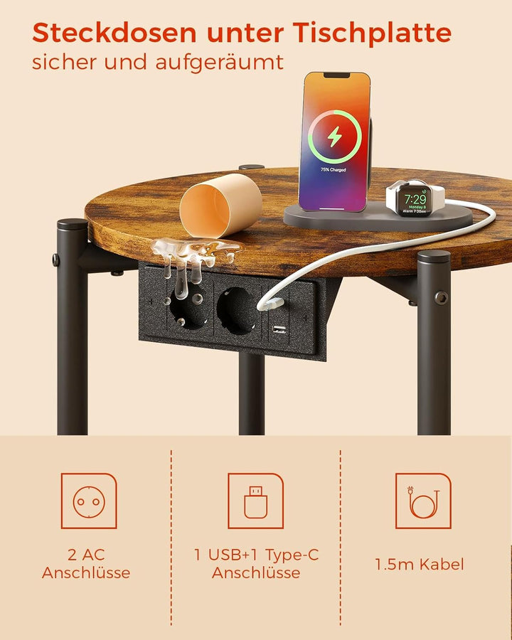 IRONCK Beistelltisch rund, Couchtisch mit Steckdose, Kleiner Tisch Holz, Wohnzimmertisch 2 Ablagen,S