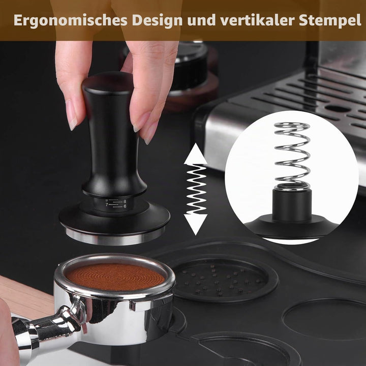 Kaffee Tamper 58mm mit Silikonpad - Espresso Stampfer Edelstahl Kalibriert mit Feder für 58mm Siebtr