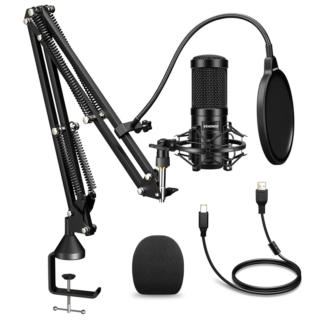 aokeo USB Mikrofon, 192kHZ / 24bit Podcast-Mikrofonsets mit Mikrofonständer, Stossdämpferhalter, Win