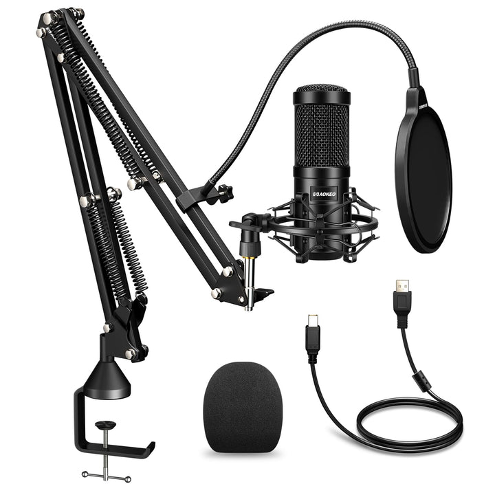 aokeo USB Mikrofon, 192kHZ / 24bit Podcast-Mikrofonsets mit Mikrofonständer, Stossdämpferhalter, Win