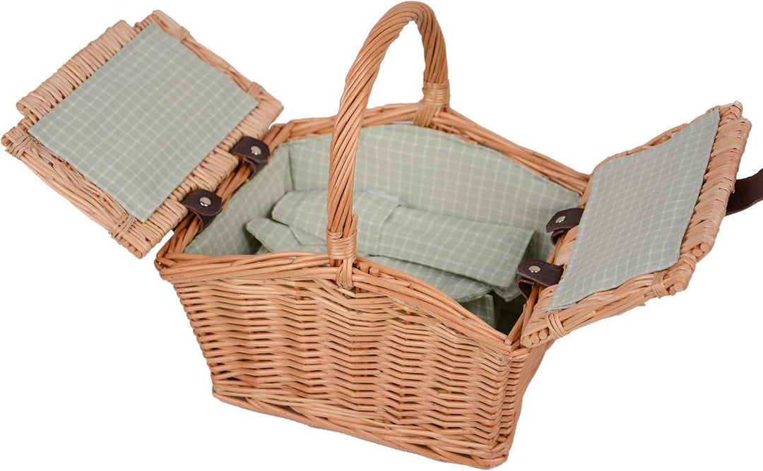 UNUS® Picknickkorb für Kinder rechteckig aus Weide grün mit Stoffauskleidung, Komplettset für 2 Pers
