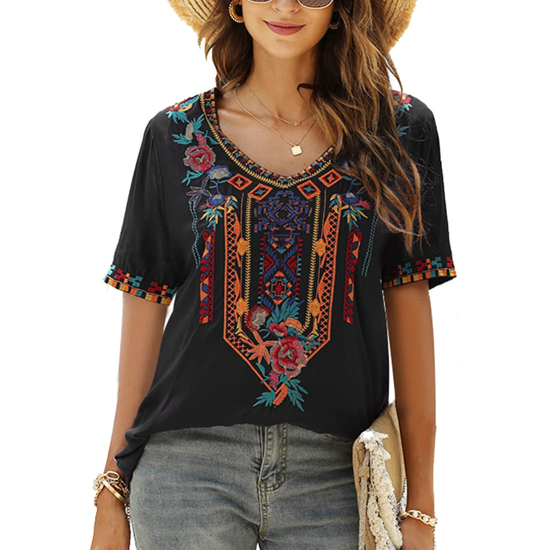 Seasonal Tunika Damen Sommer Boho Bluse Folklore Stickerei Oberteil Trachten Hippie Kleidung Kurzarm