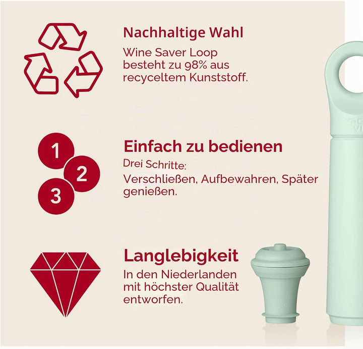 Vacu Vin Weinpumpe Loop - Vakuum Weinflaschenverschluss - 1 Pumpe 1 Stopper aus 98% Recyceltem Mater