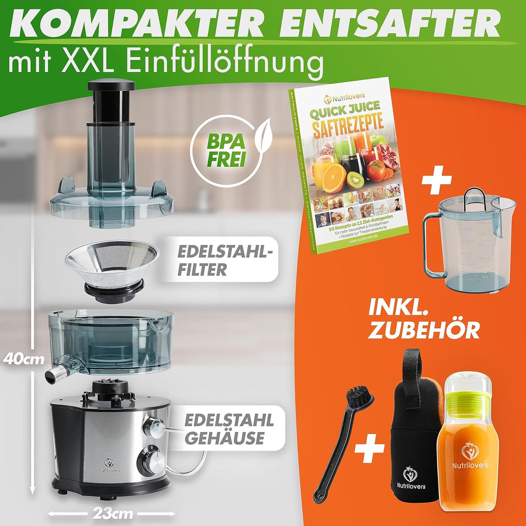 Nutrilovers *Testsieger* QUICK-JUICER Entsafter Edelstahl Obst und Gemüse I XXL-Einwurf für ganze Fr