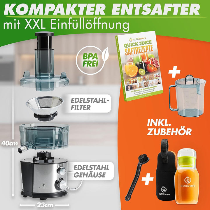 Nutrilovers *Testsieger* QUICK-JUICER Entsafter Edelstahl Obst und Gemüse I XXL-Einwurf für ganze Fr